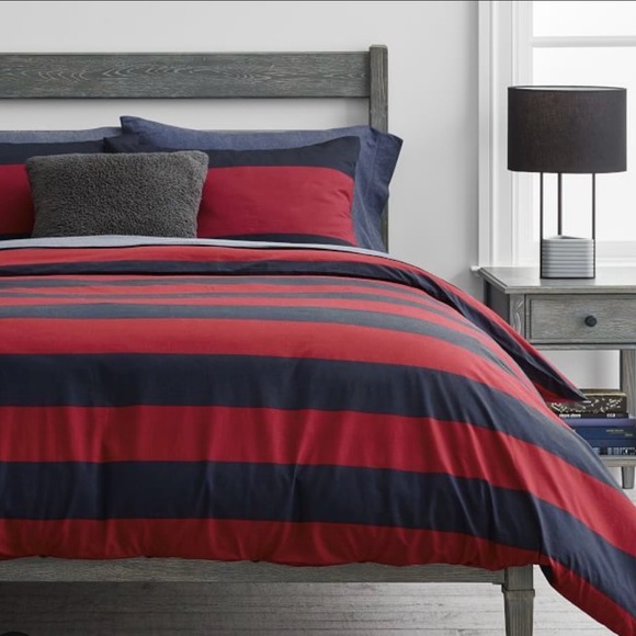 New Pottery Barn Teen Bold Rugby Stripe Twin Duvet Cover Burgundy Red Navy Blue - Picture 1 of 3
